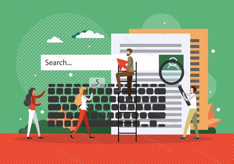 Vyhledávání na webu, plochá vektorová ilustrace. Mužské a ženské postavy s lupou, šipkou, klávesnicí hledají informace, které potřebují. Vyhledávač.