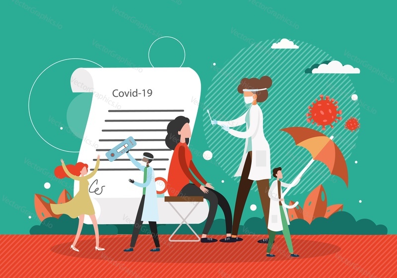 Covid-19 nasal and throat swabs PCR lab test, flat vector illustration. Happy woman with negative pcr test for coronavirus. Covid disease testing, diagnostics, corona virus prevention.