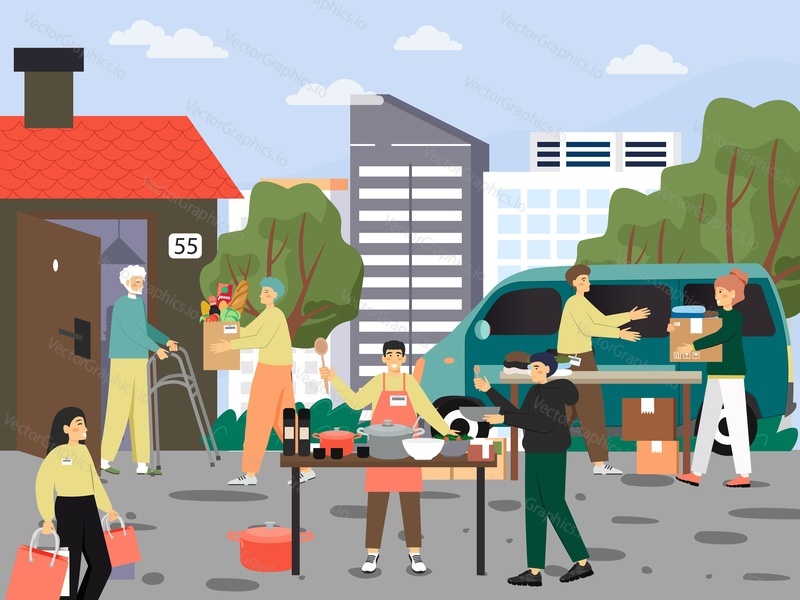 Volunteers collecting clothes, providing food for homeless, old, poor, needy people, vector illustration. Volunteering, charity, care for homeless and single people.