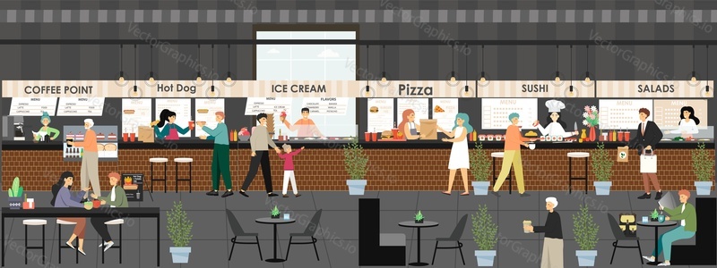 Market place shopping mall food court restaurants. People buying coffee, eating hot dogs, ice cream, pizza, sushi, salad, flat vector illustration. Modern shopping center dining and entertainment.