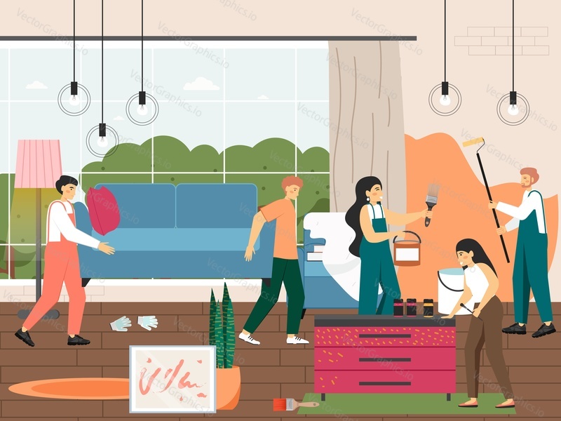 Home repair and improvement. Furniture repair, restoration. Repairman, workman team painting wall in living room, carrying sofa, flat vector illustration. Handyman service. Home renovation.