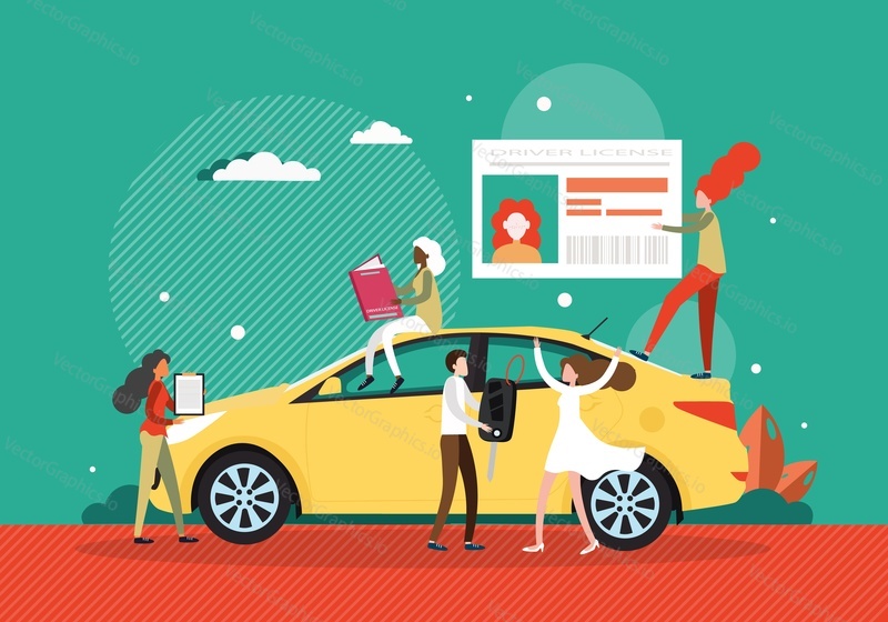 Ženské postavy učí pravidla provozu, složení zkoušky, získání licence, ploché vektorové ilustrace. Vzdělávání řidičů, Autoškola.