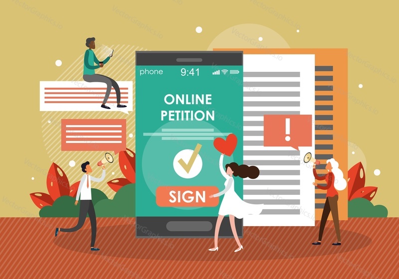 People signing internet petition, digital document holding megaphones, mobile phones, flat vector illustration. Online petition concept.