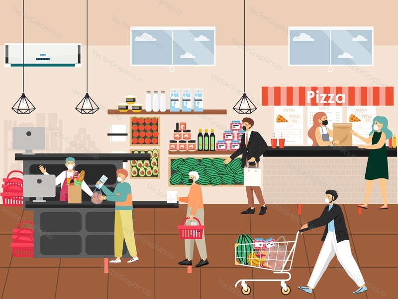 Supermarket, grocery store. Cashier, buyer in medical face mask, vector illustration. Shoppers with shopping cart, basket keeping distance paying for purchases. Quarantine, social distanscing measures