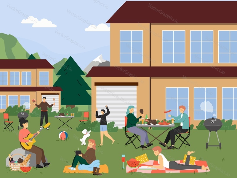 People grilling, eating meat, sausages, drinking beer, playing guitar, taking rest and having fun, flat vector illustration. Summer barbecue party, outdoor picnic, family bbq in backyard.