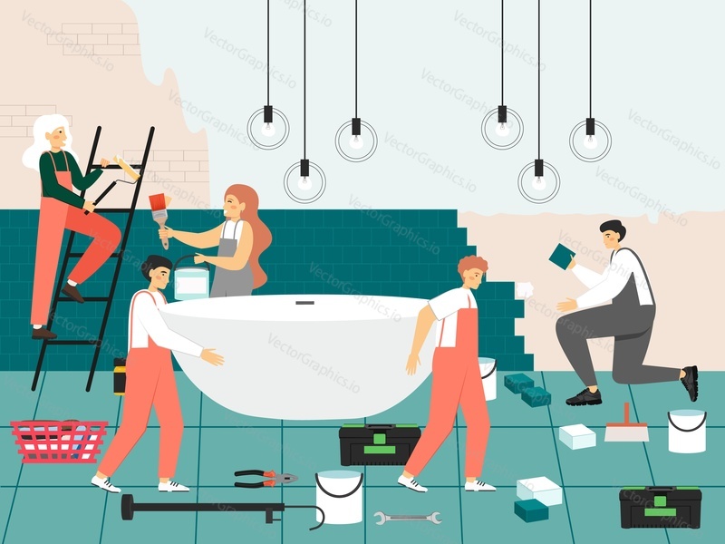 Home repair and improvement. Repairman, workman team painting wall, laying tile in bathroom, flat vector illustration. Handyman service. Home renovation.