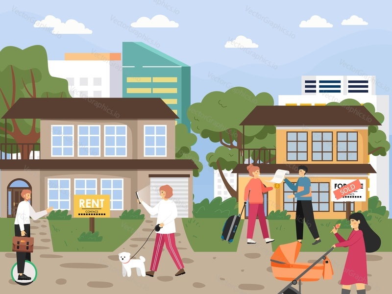 Real estate for sale or rent. People searching house with online service, flat vector illustration. Realtor agency concept.