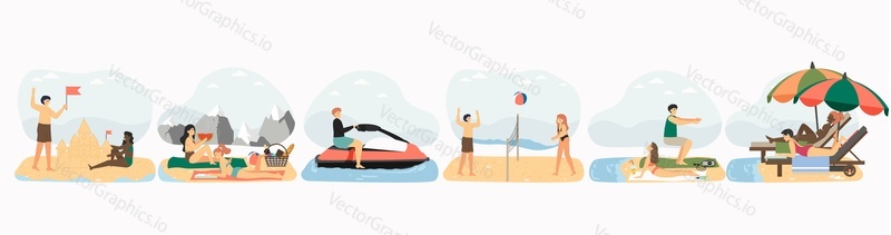 Summer beach vacation set, flat vector isolated illustration. Happy people sunbathing, exercising, eating, making sand castle, playing volleyball, riding water scooter. Travel. Beach activity.