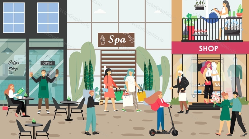 People visiting cafe, clothing store, walking down city shopping street, flat vector illustration. Happy ladies leaving spa salon. High street, town center, public place.