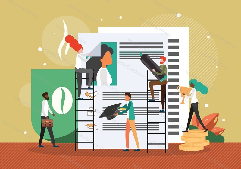 Education, graduation, resume, office employee, business achievements, reward and financial success, flat vector illustration. Business success and career growth.