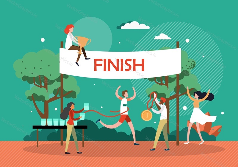 Fans greeting athlete sprinter crossing finishing line, flat vector illustration. Marathon runner athletics competition champion, track and field running event winner.