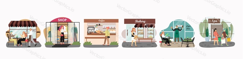 Kavárna, restaurace, pekárna, obchod s oblečením, lázeňský salon, fasáda kavárny se vstupními dveřmi, skleněné vitríny, pruhované markýzy, ploché vektorové ilustrace. Exteriér malého pouličního obchodu se zákazníky.