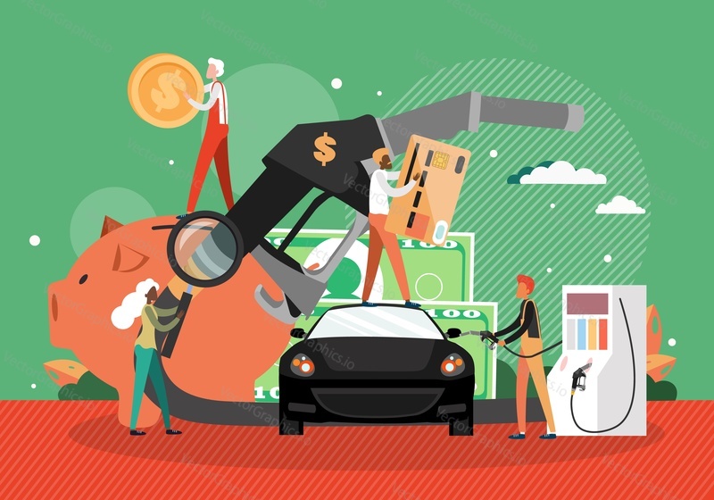 Car refueling at petroleum station, flat vector illustration. Driver with piggy bank, money, credit card. Fuel petrol gas filling station worker with gasoline pump hose.