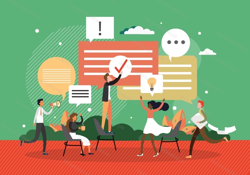 Business people with dialogue speech bubbles, flat vector illustration. Discussion, chat, conversation, business dialog.