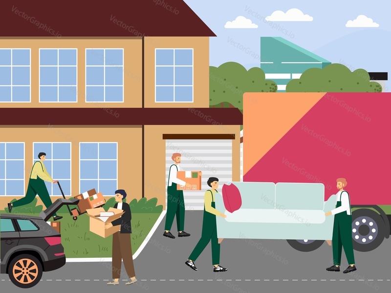 Stěhováci nakládání pohybující se kamion s kartonovými krabicemi, nesoucí pohovka, ploché vektorové ilustrace. Lidé se stěhují do nového domova. Služby přemístění společnosti.