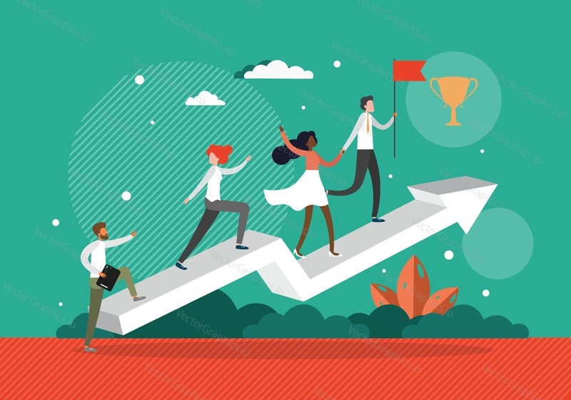 Business team members helping each other to reach the flag on arrow chart top, flat vector illustration. Teamwork, goal achievement, success.