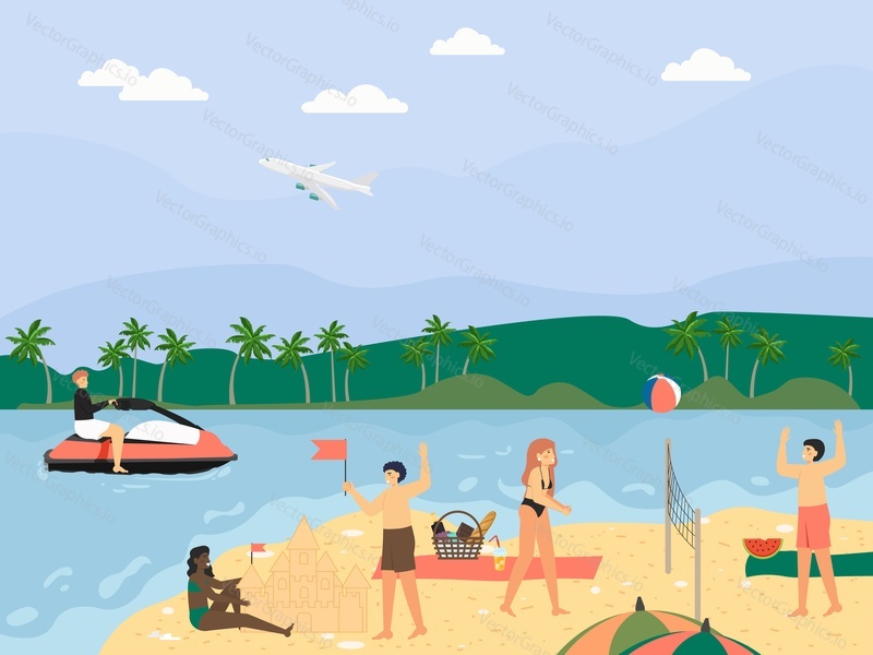 Happy people enjoying summer beach vacation, flat vector illustration. Male and female characters making sand castle, sunbathing, playing volleyball, riding water scooter. Travel. Beach activity.