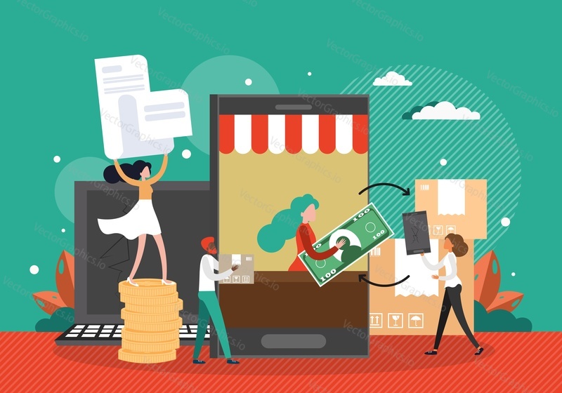 Female customer returning broken smartphone to the store, flat vector illustration. Refunds and exchanges of goods purchased in network retail shops. Online store returns policy.