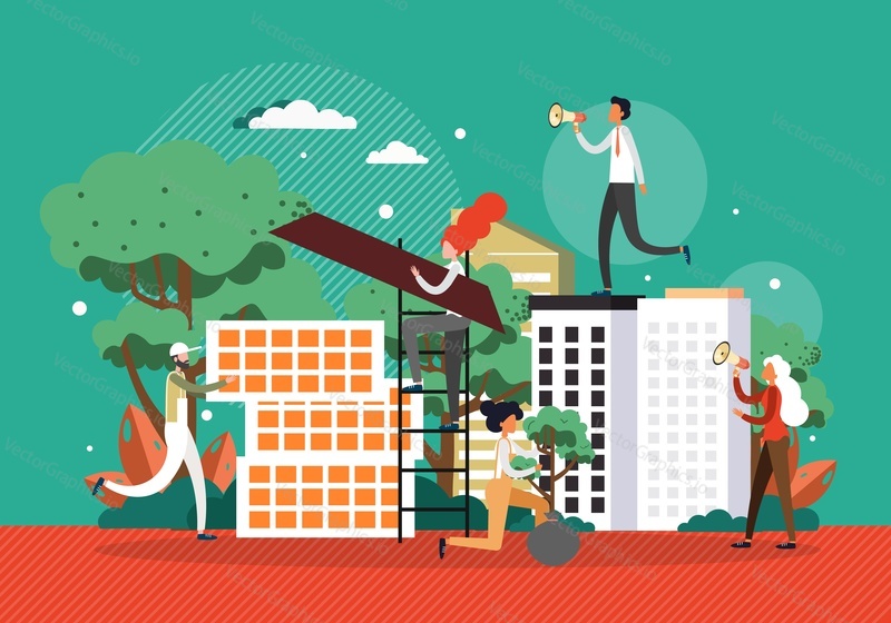 Apartment building construction, flat vector illustration. Architect, builder worker, male and female characters with megaphones. Modern city building, construction development.