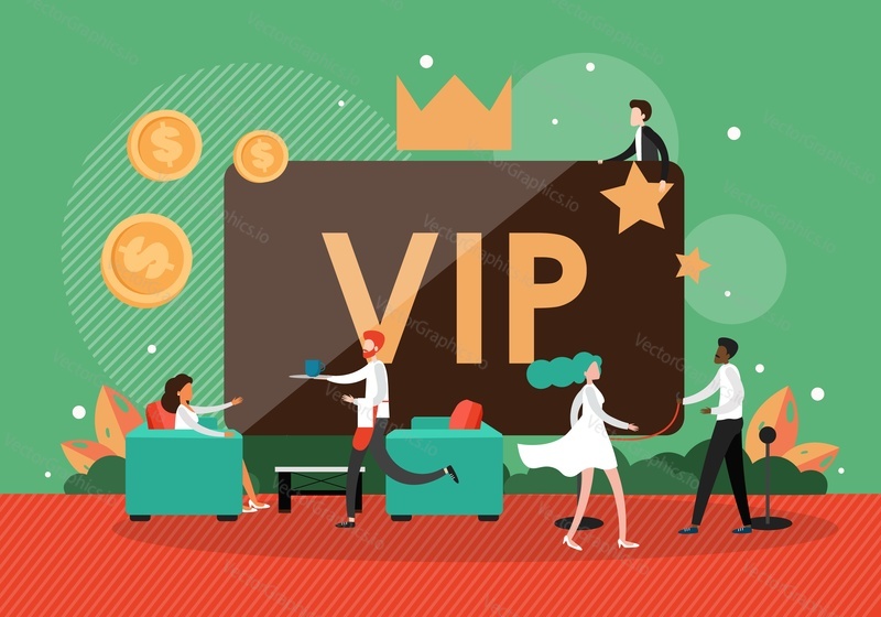 Restaurant waiter serving customers, VIP card holders, flat vector illustration. Gold card, VIP client services.