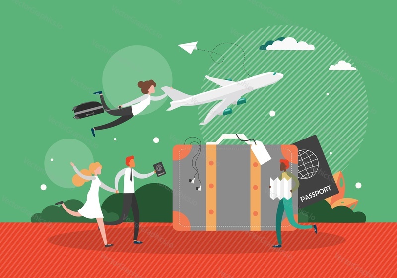 Suitcase, passport, late for flight people catching airplane, flat vector illustration. Time to travel, flight tours, travel by plane.