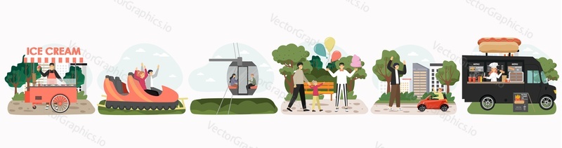 Zábavní park, Lunapark atrakce set, plochý vektor izolované ilustrace. Horská dráha, Sedačková lanovka, párek v rohlíku, zmrzlinový vůz, cukrová vata a balónky. Karneval, zábava.