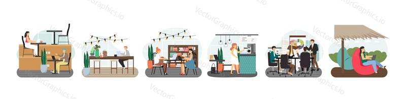 Набор сцен коворкинга, плоская векторная изолированная иллюстрация. Бизнес-офисный центр для фрилансеров, удаленных команд. Люди разговаривают, работают, пьют кофе, проводят встречи, разделяя открытое общее пространство.