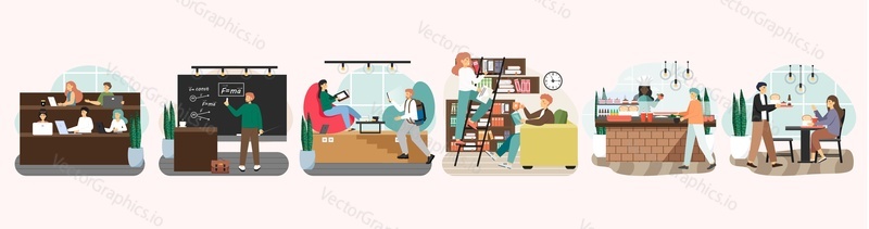 University students life scene set, flat vector isolated illustration. Students sitting in auditorium, having lunch in cafe, studying in library, teacher giving lecture. University education, science.
