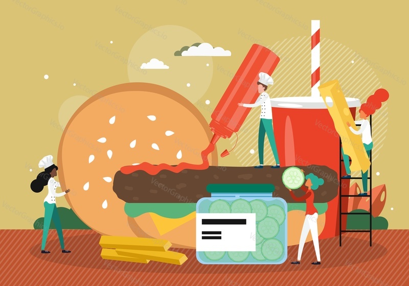 People in chef uniform making tasty burger, flat vector illustration. Fast food restaurant, burger house services.