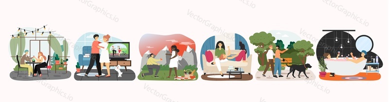 Šťastný pár v lásce, kreslená postavička set, plochý vektor izolované ilustrace. Lidé spolu tráví čas doma, v restauraci, v přírodě. LGBT páry. Romantický milostný vztah.