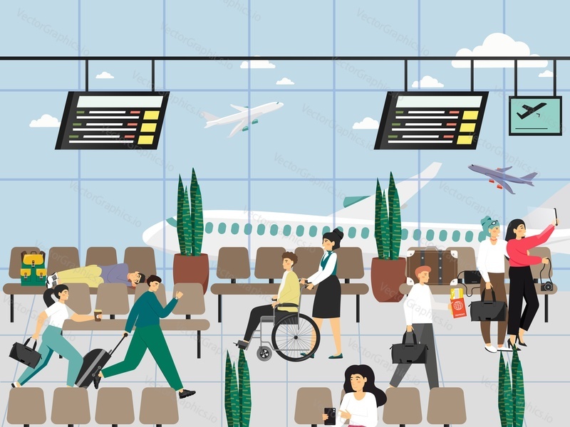 People with luggage, tickets moving through airport hall, taking selfie, waiting for flight, flat vector illustration. Airport seating area interior, departure board.