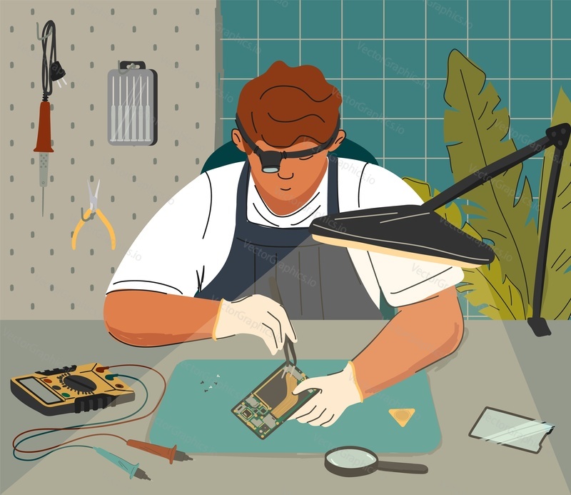 Mobile phone repair concept vector illustration. Man fix broken mobile phone. Maintenance and smartphone service. Man using soldering iron to repair phone.