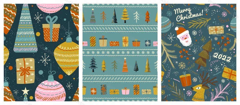 Vánoční bezešvé vzor vektor nastavit ve vintage skandinávském stylu. Nový rok zimní dovolená pozadí s vánoční stromeček, santa claus a dárky.