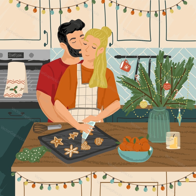Šťastný pár sedí a objímají se. Dovolená vektorové ilustrace. Romantický pár relaxační a užívat si vánoční náladu doma. Muž a žena spolu vaří.