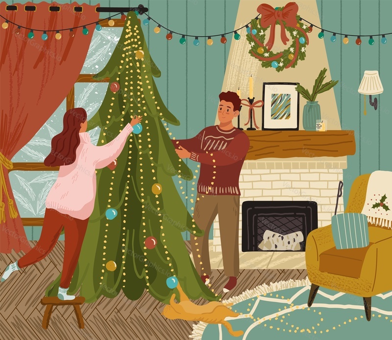 Couple decorating christmas tree with ornaments and garlands. Happy family preparing for 2022 new year holiday celebration. Colorful vector illustration in hand drawn style style.