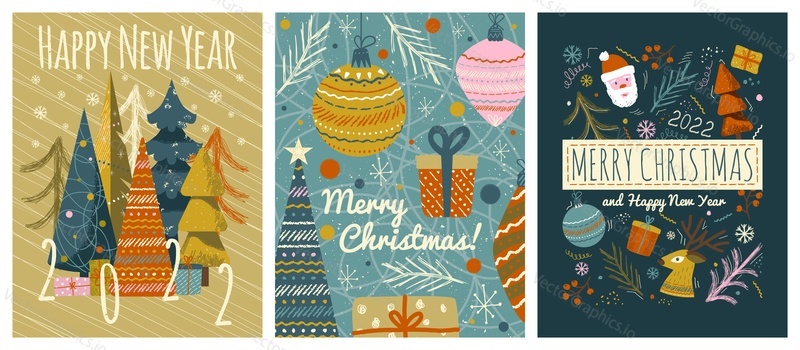 Veselé Vánoce a Šťastný Nový Rok pohlednice šablona. Vektorová sada ilustrací zimní dovolené ve vintage stylu. Vánoční strom a hračky, santa claus. 2022 Nový rok ručně kreslená plakát.