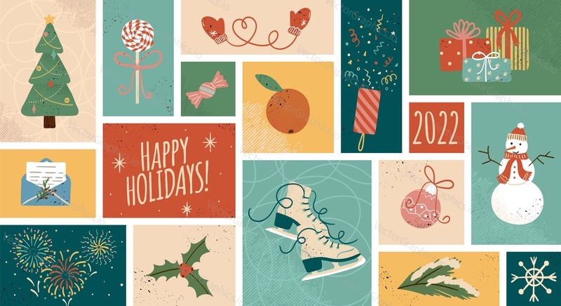 Veselé Vánoce pozadí a Šťastný Nový Rok pohlednice. Zimní dovolená vektorové ilustrace ve vintage stylu. Vánoční strom a dárky. 2022 Nový rok ručně kreslená plakát.