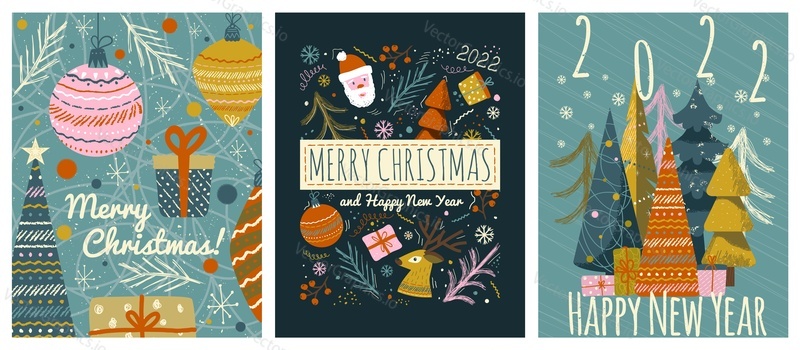 Veselé Vánoce a Šťastný Nový Rok pohlednice šablona. Vektorová sada ilustrací zimní dovolené ve vintage stylu. Vánoční strom a hračky, santa claus. 2022 Nový rok ručně kreslená plakát.
