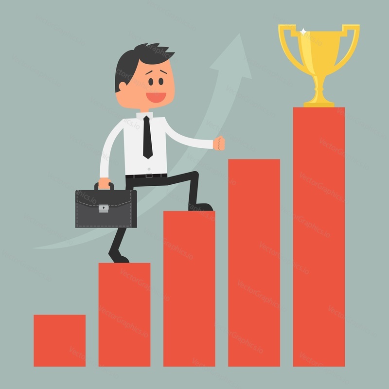 Businessman climbing ladder to success. Goal achievement. Motivation and goal concept to be successful in business and life. Vector illustration in flat design.