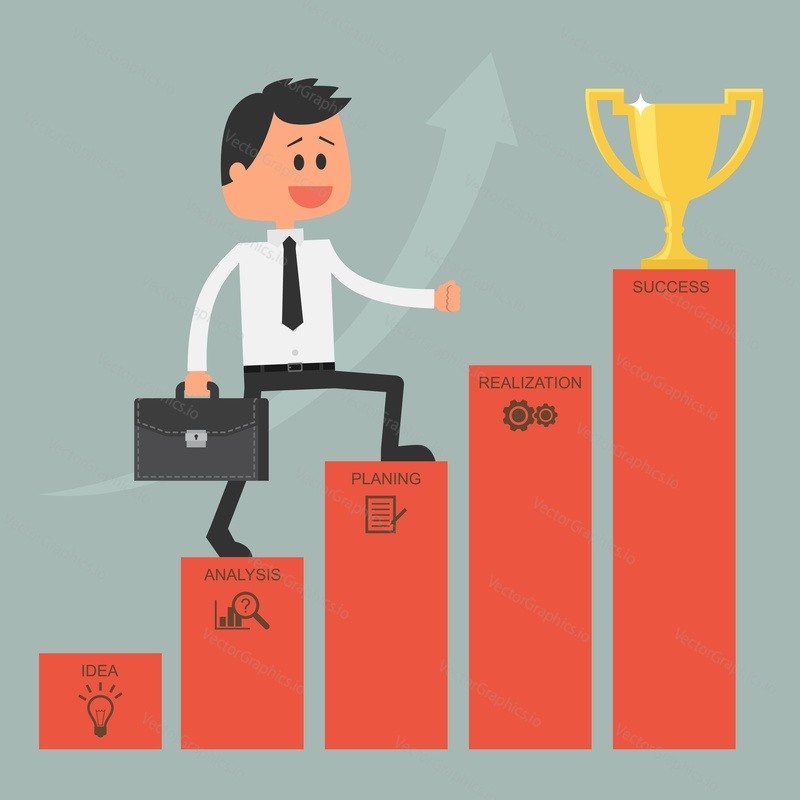 Businessman climbing ladder to success. Goal achievement. Motivation and goal concept to be successful in business and life. Vector illustration in flat design.
