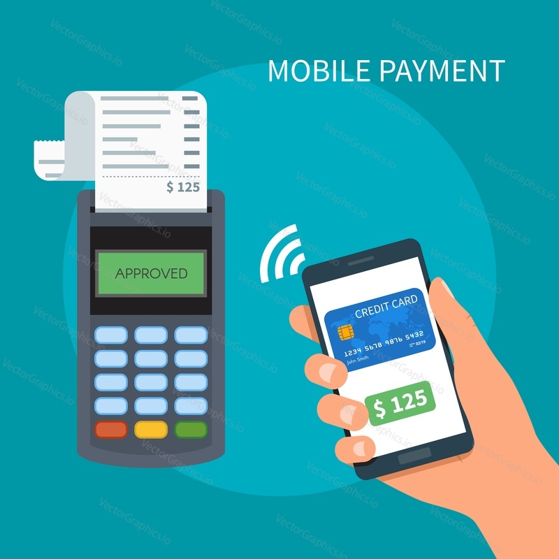 Mobilní platby pomocí smartphonu. Koncept platebního terminálu Near field communication. Online transakce, paypass a NFC. Kreslený plochý styl vektorové ilustrace.