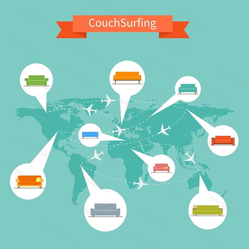 Couch Surfing and sharing economy concept. Vector illustration in flat style design.
