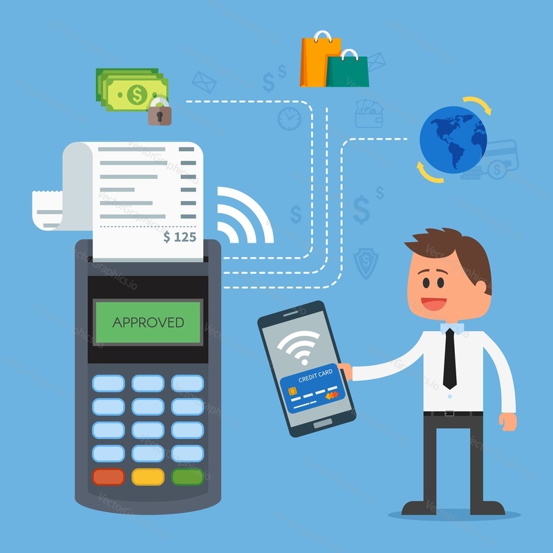 Mobilní platby pomocí smartphonu. Koncept platebního terminálu Near field communication. Online transakce, paypass a NFC. Kreslený plochý styl vektorové ilustrace.