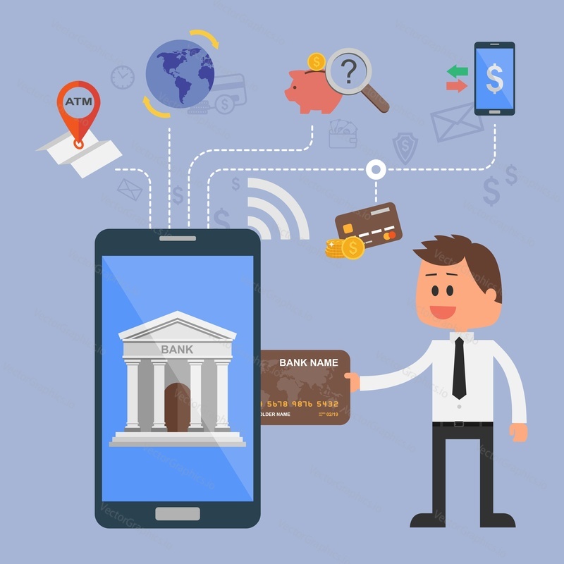 Vektorová ilustrace koncepce internetového bankovnictví. Plochý design. Ikony pro online platby, mobilní platby, kreditní karty, bankovní převody a úspory bankovních peněz.