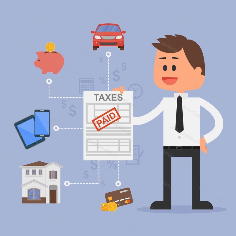 Cartoon vektorové ilustrace pro finanční řízení a daně konceptu. Šťastný podnikatel zaplatil všechny daně. Auto, dům, daň, úspory a kreditní karty ikony. Plochý design.
