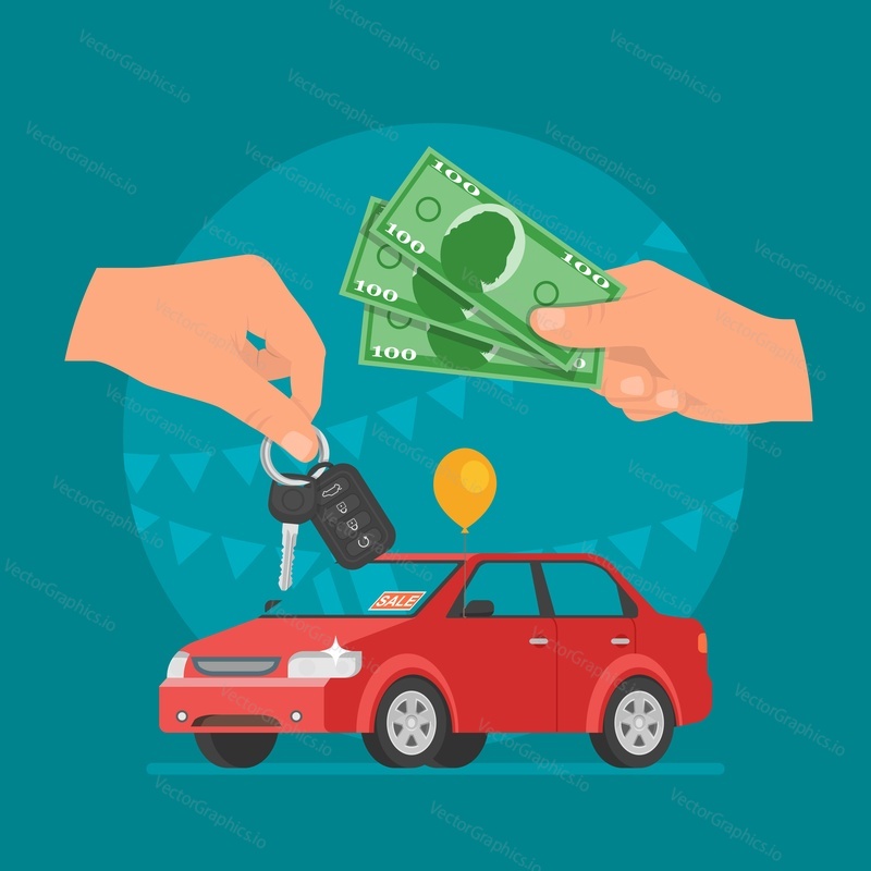 Продажа автомобилей векторная иллюстрация. Клиент покупает автомобиль у дилера concept. Продавец, дающий ключ новому владельцу. Рука, держащая деньги.