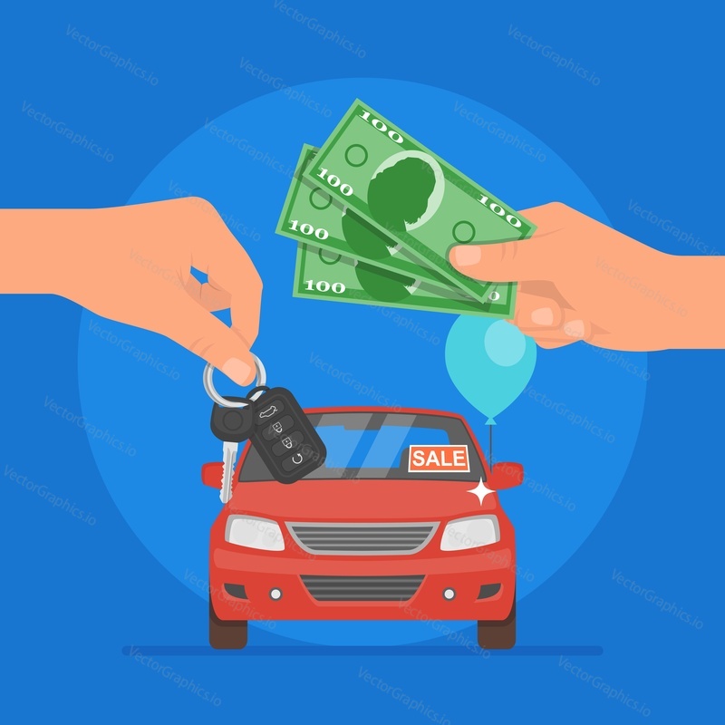 Продажа автомобилей векторная иллюстрация. Клиент покупает автомобиль у дилера concept. Продавец автомобилей дает ключ новому владельцу. Рука, держащая ключ от машины и деньги.
