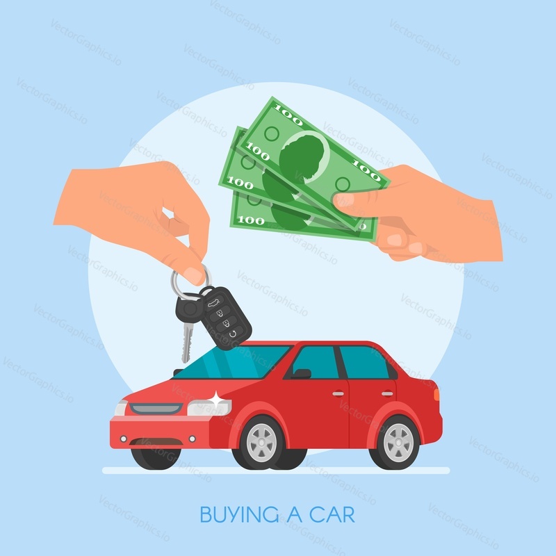 Продажа автомобилей векторная иллюстрация. Клиент покупает автомобиль у дилера concept. Продавец автомобилей дает ключ новому владельцу. Рука, держащая ключ от машины и деньги.