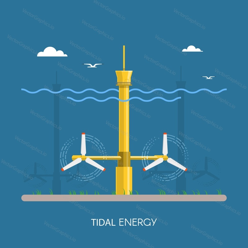 Přílivová elektrárna a továrna. Přílivové turbíny. Průmyslová koncepce zelené energie. Vektorové ilustrace v plochém stylu. Pozadí přílivové elektrárny. Energie.