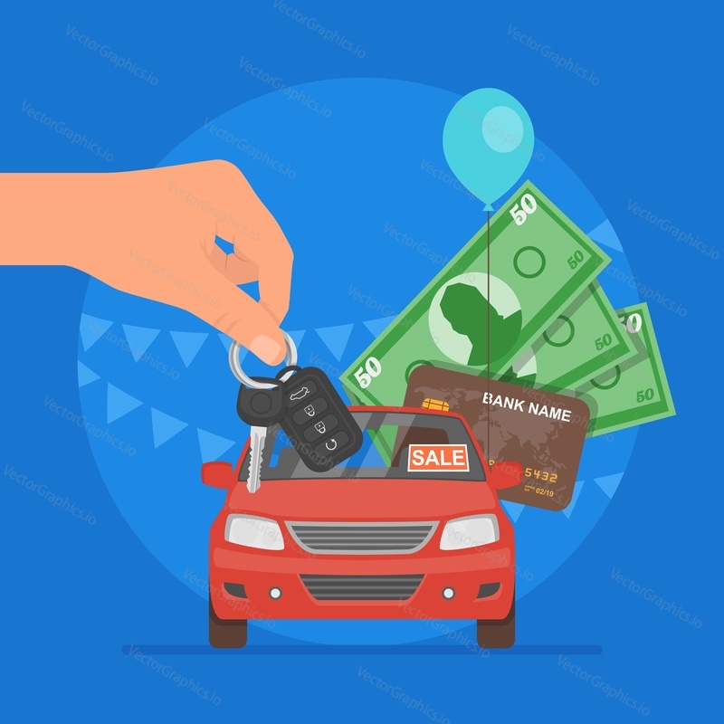 Продажа автомобилей векторная иллюстрация. Клиент покупает автомобиль у дилера concept. Продавец, дающий ключ новому владельцу. Рука, держащая деньги.